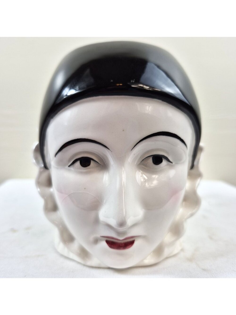 Vintage Art Deco Lady Face Mug Ceramic Figural Woman Black Hat Coffee Mug